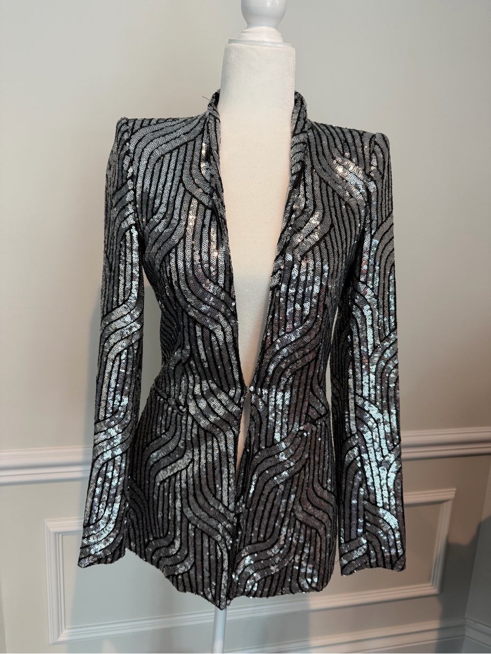 Zara Black Blazer with Silver Sequin Wave Detailing